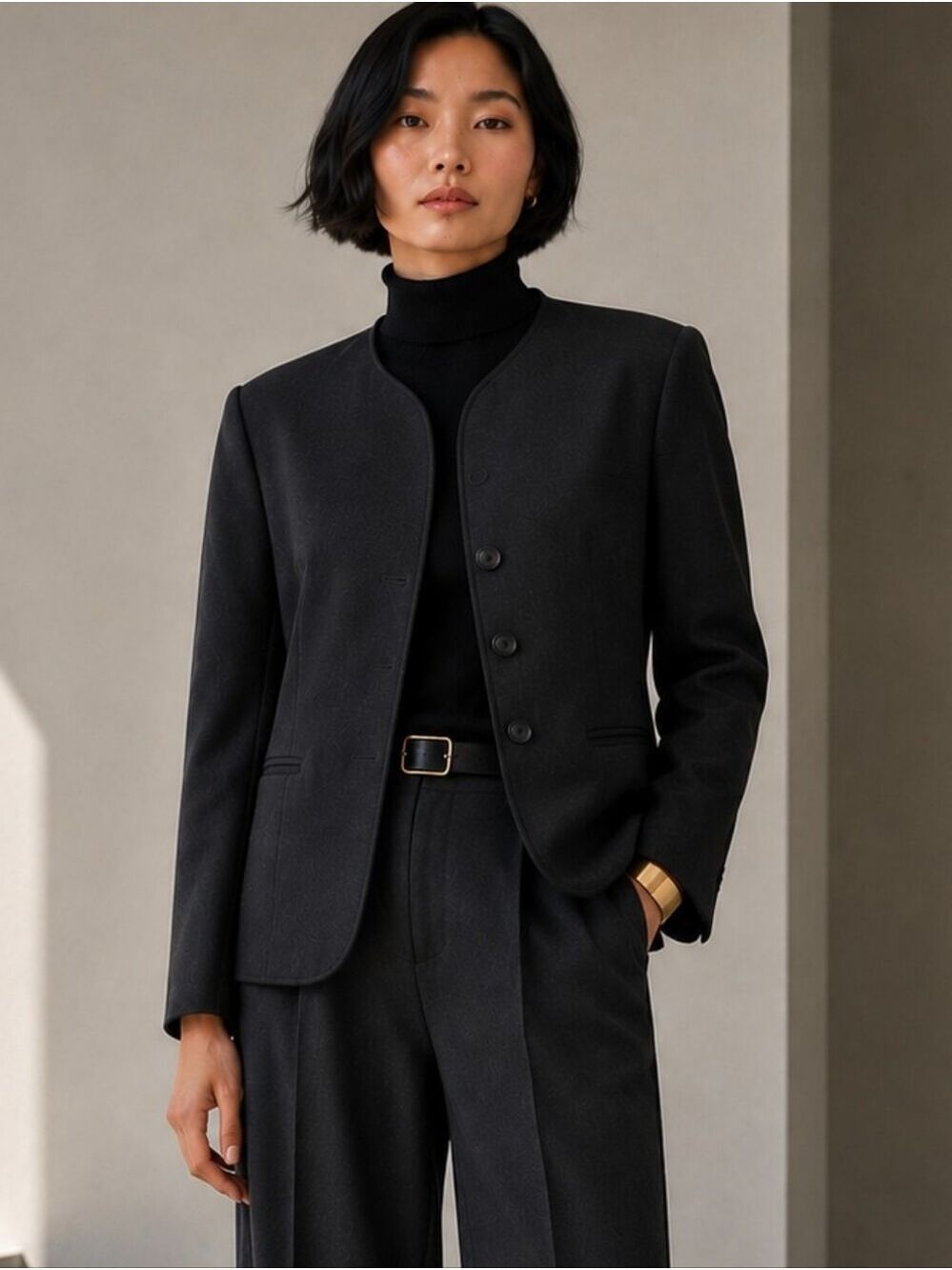 VINTAGE EVAN PICONE BLACK WOOL BLEND COLLARLESS BLAZER SIZE 12/14 LIKE NEW!